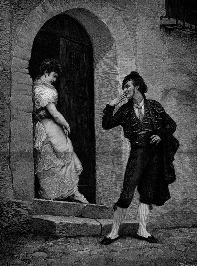 Starten på tjurfäktaren för loppet. 1800-talet. Gravyr efter målningen av Rougeron (Jules James Rougeron av Jules James Rougeron