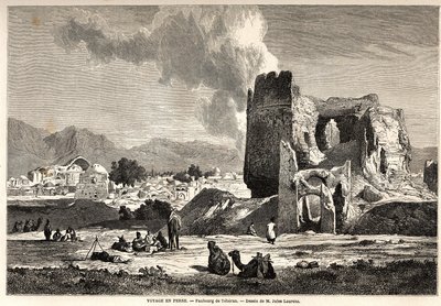 Teherans förorter (dagens Iran). Teckning av Jules Laurens (1825-1901), för att illustrera Arthur Gobineaus resa till Persien från 1855 till 1858. Gravyr i "" Le tour du monde, nouveau journal des voyages"" Paris av Jules Joseph Augustin Laurens