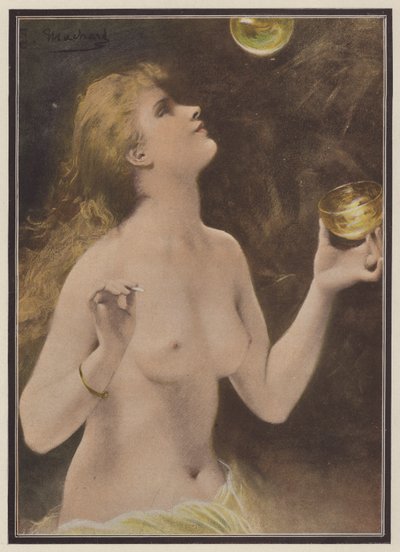 Kvinna som blåser såpbubblor (färg litho) av Jules Louis Machard