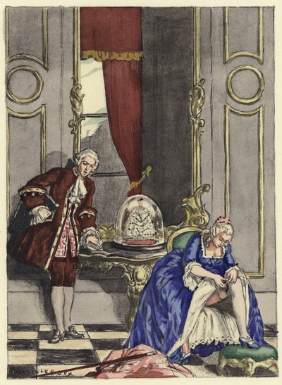 Illustration till Casanovas memoarer (färglitografi) av Jules Marie Auguste Leroux