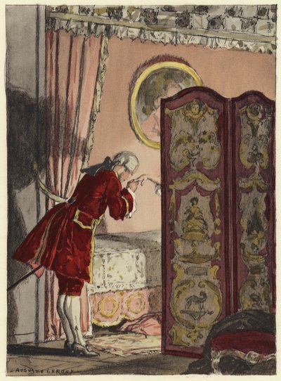 Illustration till Casanovas memoarer (färglitografi) av Jules Marie Auguste Leroux