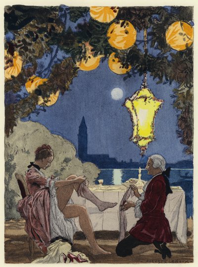 Illustration till Casanovas memoarer (färglitografi) av Jules Marie Auguste Leroux