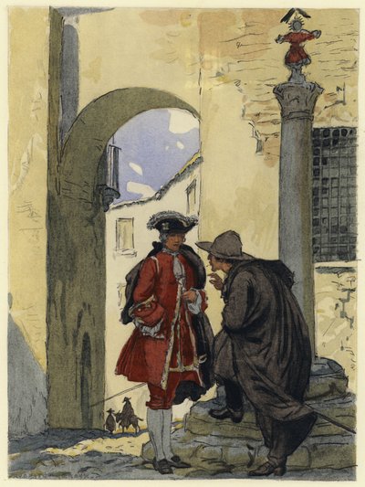 Illustration till Casanovas memoarer (färglitografi) av Jules Marie Auguste Leroux