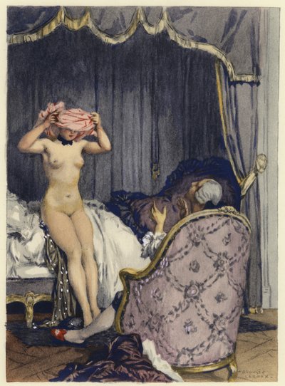 Illustration till Casanovas memoarer (färglitografi) av Jules Marie Auguste Leroux