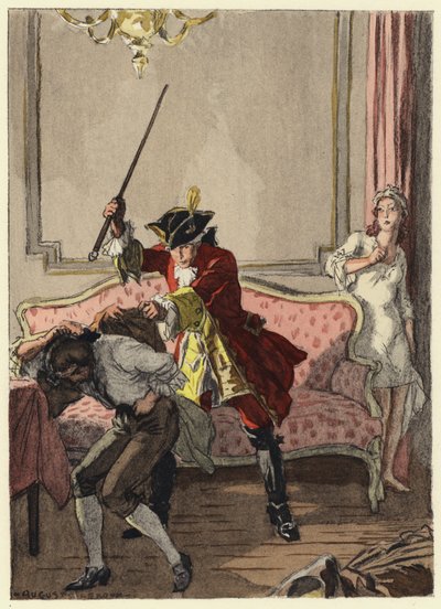 Illustration till Casanovas memoarer (färglitografi) av Jules Marie Auguste Leroux