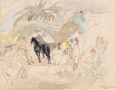 Figurer och två hästar i ett landskap, 1921 (wc på papper) av Jules Pascin