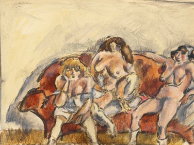 Tre kvinnor på en röd soffa (wc på papper) av Jules Pascin