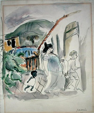 Kvinna och två barn (akvarell på papper) av Jules Pascin