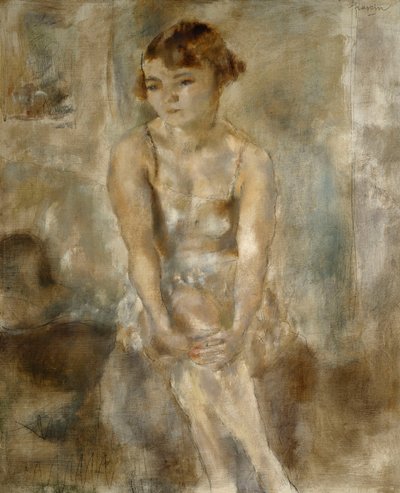 Ung kvinna som sitter i skjorta; Ung kvinna sittande i en Chemise, 1923 av Jules Pascin