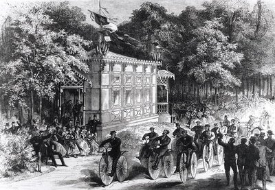 A Velocipede Race at Pre Catelan, ca 1860-70 (gravyr) (s/v foto) av Jules Pelcoq