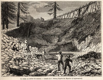 Ett gruvanspråk eller verkstad i Kalifornien, teckning av Jules Pelcoq, för att illustrera historien om Baron de Wogans resa till Kalifornien 1850-1852. Gravyr i "" Le tour du monde, nouveau journal des voyages"" Paris av Jules Pelcoq