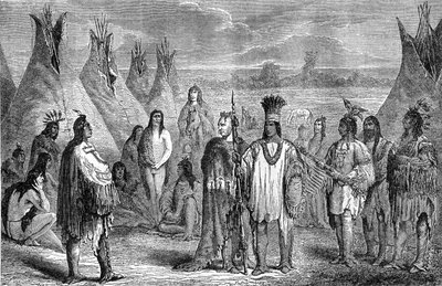 Grupp delawareindianer i sitt tipiläger. Gravyr tillskriven Janet Lange, cirka 1870. Illustration av 1888 års Hachette-utgåva av boken "The Last of the Mohicans", efter Fenimore Cooper. av Jules Pelcoq
