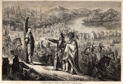 Krigsstången, baronen av Wogan tillfångatagen av indianerna från Timpabaches-stammen, ligger på stranden av San Juan, flodarm av Rio Grande, ritad av Jules Pelcoq, för att illustrera historien om baron de Wogans resa till Kalifornien 1850-185 av Jules Pelcoq