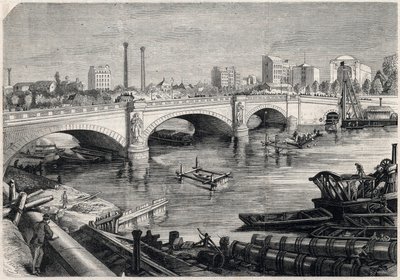 Förvandlingar av Paris under det andra kejsardömet, Haussmann Paris: arbeten utförda framför Alma-bron i Paris för passage av samlarkloaken längst ner på Seine. Teckning av Jules Pelcoq. Gravyr i "" The Illustrous Unive av Jules Pelcoq