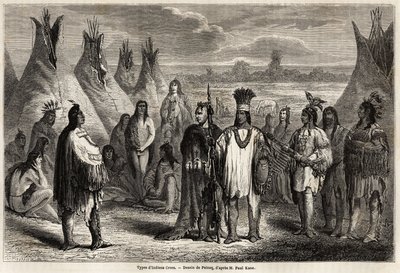 Typer av Crees-indianer i Kanada, teckning av Pelcoq, för att illustrera utforskningen av Klippiga bergen 1857-59 av kapten John Palliser. Gravyr i "" Le tour du monde, nouveau journal des voyages"" Paris av Jules Pelcoq