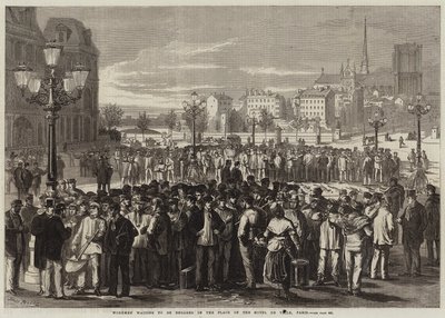 Arbetare som väntar på att bli förlovade på platsen för Hotel de Ville, Paris av Jules Pelcoq
