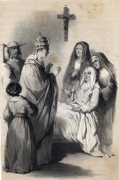 Representation av Saint Claire (Chiara) av Assisi (ca 1192-1253), grundare av Clares religiösa orden i "The illustrious Women of Europe". Av grevinnan Drohojowska, född Symon av Latreiche. Illustrerande teckningar av Jules David och Raunheim. omkring 1850 av Jules and Raunheim Hermann David