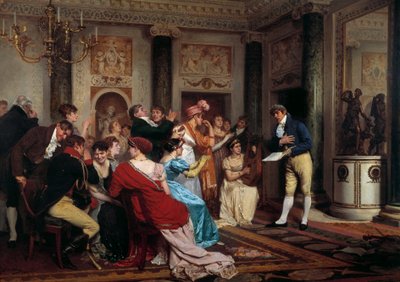 Romantik är på modet Att läsa ett teaterstycke i en parisisk salong. (Salon Litteraire) Målning av Jules Worms (1832-1914) 1800-talets Paris, Palais du Luxembourg av Jules Worms