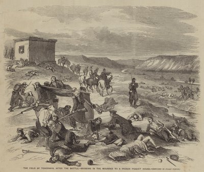 The Field of Tchernaya, efter slaget, för in de sårade till ett franskt Picquet-hus av Julian Portch