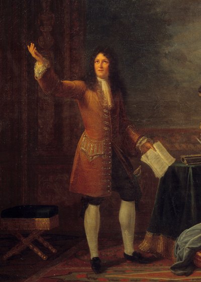 Jean Racine (1639-1699) läser sin pjäs inför kungen av Frankrike. Detalj av målningen "" Jean Racine (1639-1699) läser "" Athalie"" före Ludvig XIV (1638-1715) och Francoise d