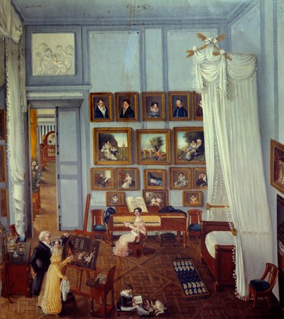Invändig vy av residenset för riddaren Pradel av Saint Charles En stor himmelssäng pryder rummet som används som verkstad. Ett barn spelar och en ung kvinna står framför ett piano. Målning av Julie Pradel (1800-talet) 1820 Privat samling av Julie Pradel