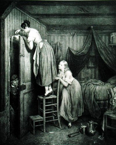 The Nosy Parker Punished, graverad av Alphonse Leon Noel (1807-84) (tryck) av Julien (after) Vallou de Villeneuve