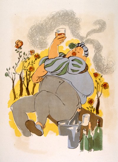 Humoristisk vinillustration 1946. Illustration av Julien Pavil av Julien Pavil