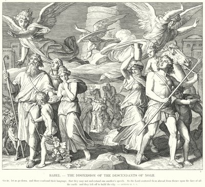 Babel, Dispersionen av Noas ättlingar (gravyr) av Julius (after) Schnorr von Carolsfeld