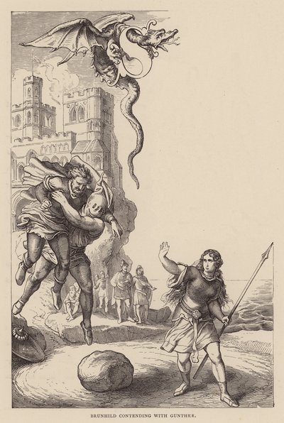 Brunhild i strid med Gunther (gravyr) av Julius (after) Schnorr von Carolsfeld