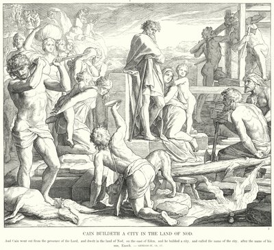 Kain bygger en stad i landet Nod (gravyr) av Julius (after) Schnorr von Carolsfeld