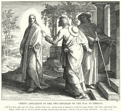 Kristus visar sig för de två lärjungarna på vägen till Emmaus (gravyr) av Julius (after) Schnorr von Carolsfeld