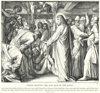 Kristus helar mannen som är förlamad (gravyr) av Julius (after) Schnorr von Carolsfeld