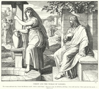 Kristus och Samariens kvinna (gravyr) av Julius (after) Schnorr von Carolsfeld