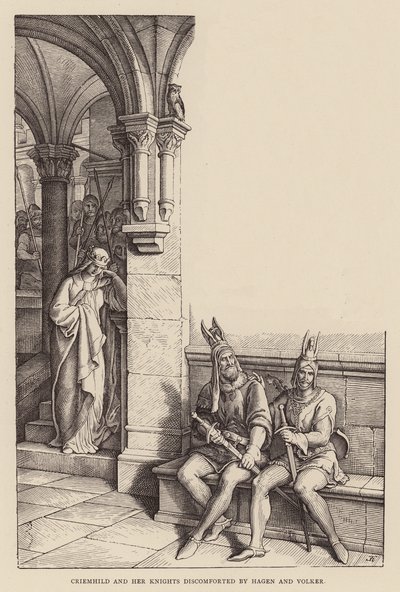 Criemhild och hennes riddare besvärade av Hagen och Volker (gravyr) av Julius (after) Schnorr von Carolsfeld
