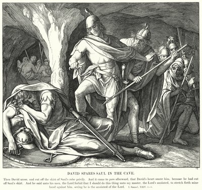 David skonar Saul i grottan (gravyr) av Julius (after) Schnorr von Carolsfeld
