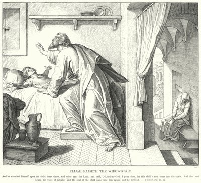 Elia uppfostrar änkans son (gravyr) av Julius (after) Schnorr von Carolsfeld