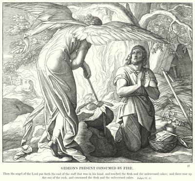 Gideons present förtärd av eld (gravyr) av Julius (after) Schnorr von Carolsfeld