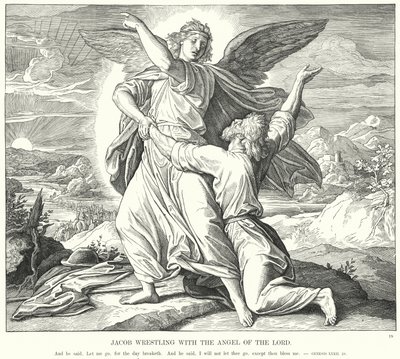 Jakob brottas med Herrens ängel (gravyr) av Julius (after) Schnorr von Carolsfeld