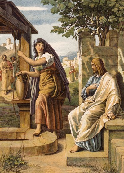 Jesus och kvinnan från Samaria (färglitografi) av Julius (after) Schnorr von Carolsfeld