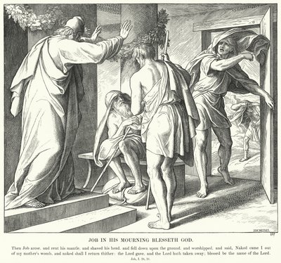 Job i sin sorg välsignar Gud (gravyr) av Julius (after) Schnorr von Carolsfeld