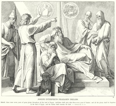 Josef tolkar faraos drömmar (gravyr) av Julius (after) Schnorr von Carolsfeld