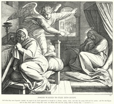 Joseph varnade att fly till Egypten (gravyr) av Julius (after) Schnorr von Carolsfeld