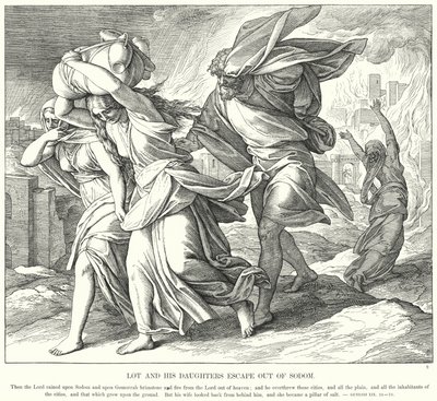 Lot och hans döttrar flyr ut ur Sodom (gravyr) av Julius (after) Schnorr von Carolsfeld