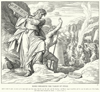 Moses bryter stentabellerna (gravyr) av Julius (after) Schnorr von Carolsfeld