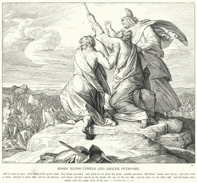 Moses händer upprätthållna och Amalek övervinner (gravyr) av Julius (after) Schnorr von Carolsfeld