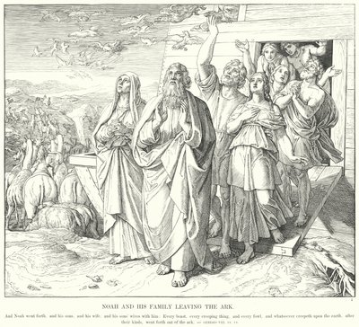 Noa och hans familj lämnar arken (gravyr) av Julius (after) Schnorr von Carolsfeld