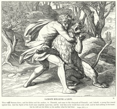 Simson dödar ett lejon (gravyr) av Julius (after) Schnorr von Carolsfeld