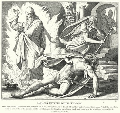 Saul konsulterar häxan från Endor (gravyr) av Julius (after) Schnorr von Carolsfeld