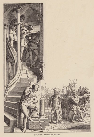 Siegfrieds återkomst till Worms (gravyr) av Julius (after) Schnorr von Carolsfeld
