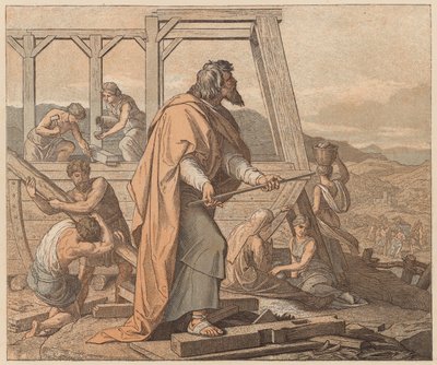 Byggandet av arken, Första Moseboken, VI av Julius (after) Schnorr von Carolsfeld